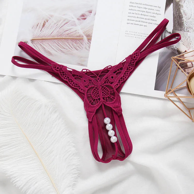 Schmetterling mit Perlen Tangas Frauen Sexy G String Sexy Unterwäsche Tangas Damen Spitze Dessous Sexy Transparente Höschen