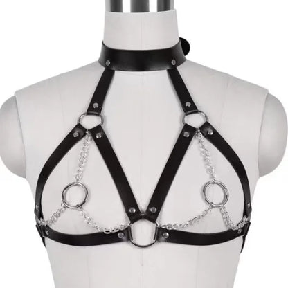 BDSM Alternative Trainingsausrüstung: Sexy schwarzes Lederhalsband, Nippelklemmen, Taillengürtel und Bralette