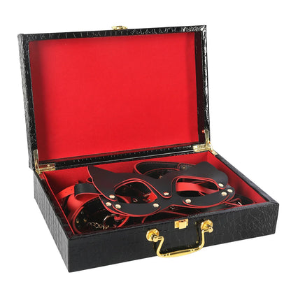 Sklaven-Rollenspiel-Set Leder-Handschellen Fußfesseln Ballknebel Maske Peitsche Halsband Leine Sexspielzeug für Frauen Paare BDSM Bondage-Kit