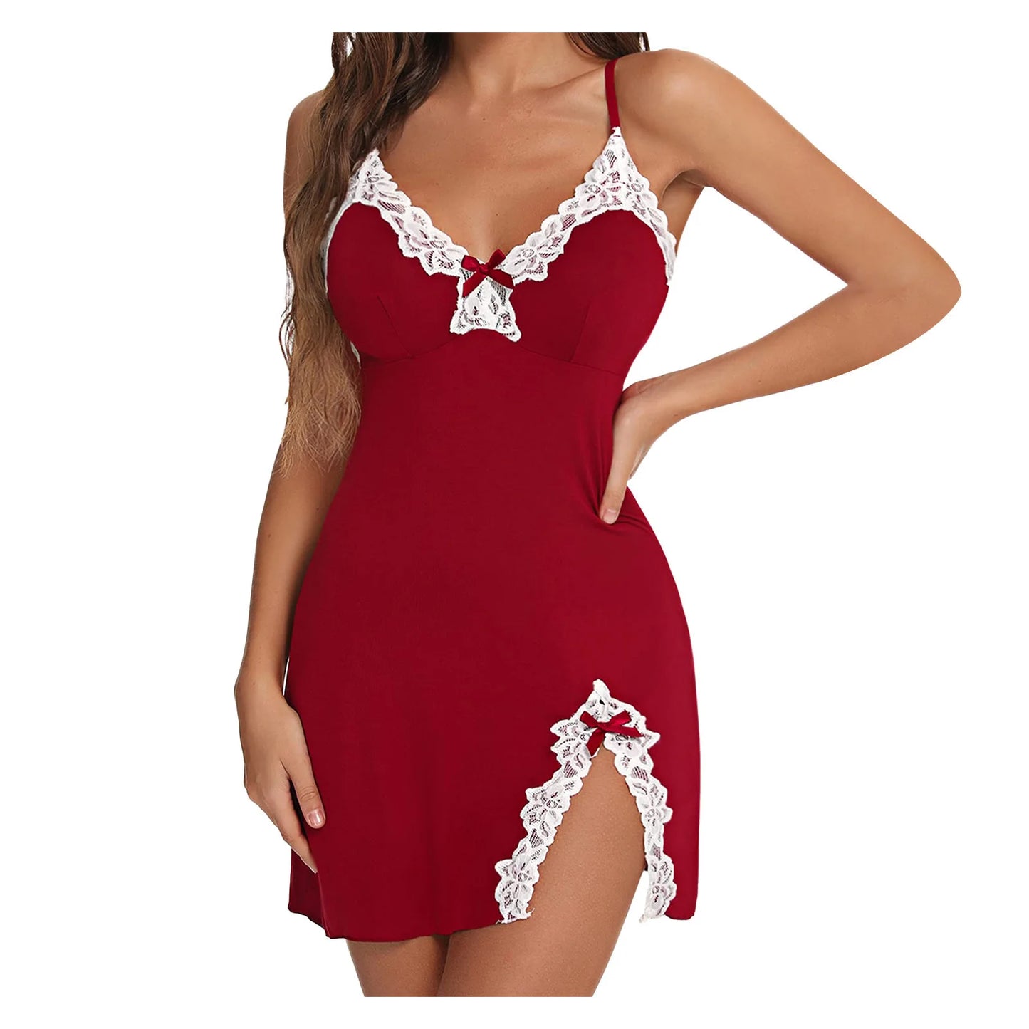 Sexy Nachtwäsche Frauen Spitze Seide Satin V-ausschnitt Nachthemd Split Saum Weiche Dessous Nacht Kleid Ärmellose Nachtwäsche Weibliche Kleidung