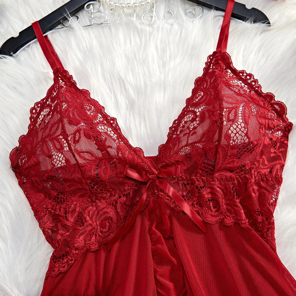 Transparente Rote Dessous – Sexy Mini-Negligé aus Nylon & Spandex, Durchsichtig, Ärmellos