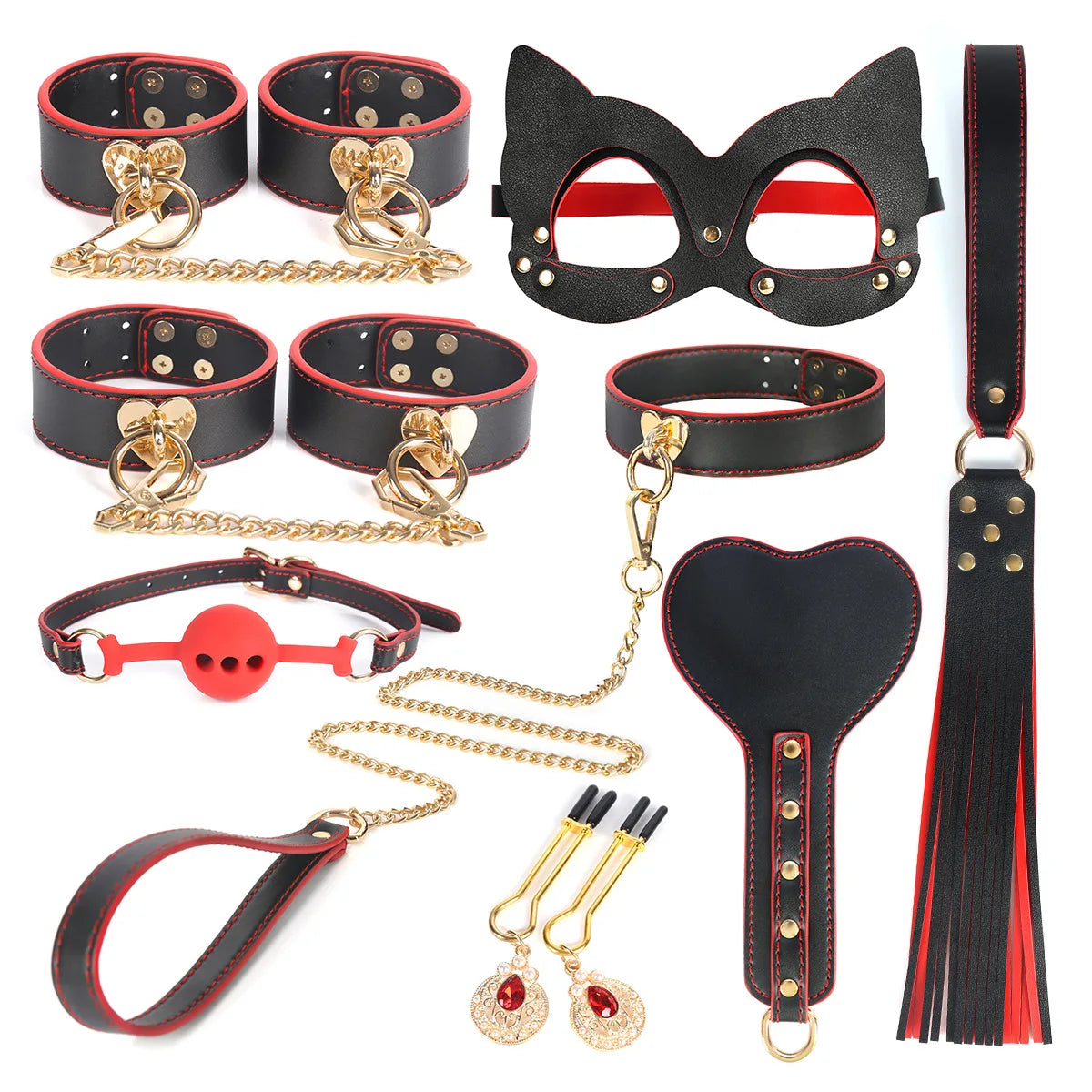 Sklaven-Rollenspiel-Set Leder-Handschellen Fußfesseln Ballknebel Maske Peitsche Halsband Leine Sexspielzeug für Frauen Paare BDSM Bondage-Kit