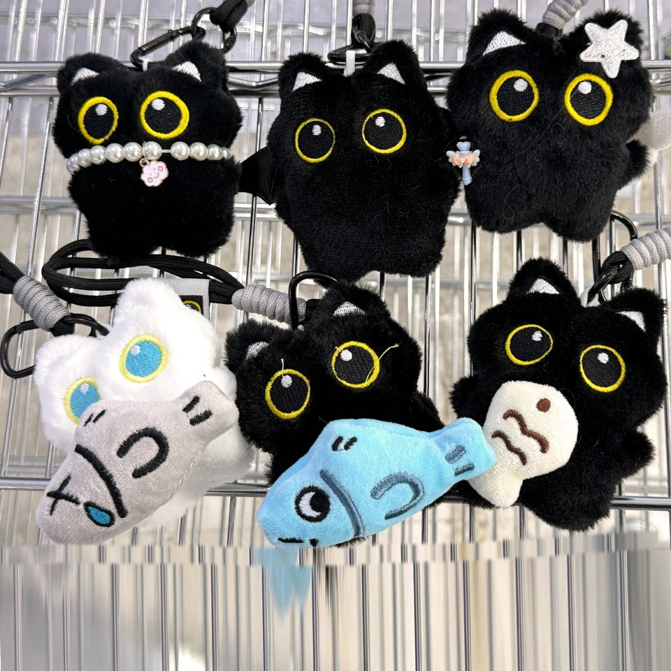 Yupsk 6/1 Stück süße Plüsch schwarze Katze Puppe Spielzeug Schlüsselanhänger Tasche Anhänger Charms Kawaii Schlüsselanhänger Zubehör für Frauen Paare Geschenk