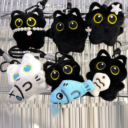 Yupsk 6/1 Stück süße Plüsch schwarze Katze Puppe Spielzeug Schlüsselanhänger Tasche Anhänger Charms Kawaii Schlüsselanhänger Zubehör für Frauen Paare Geschenk