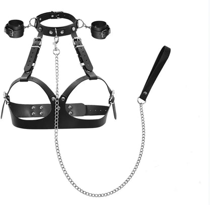 BDSM Verstellbare Handschellen, Beinfesseln, PU-Halsband, BH, Paar-Spielzeug, BDSM-Training, Bondage-Sexspielzeug, SM-Sklaven-Requisiten für Männer und Frauen
