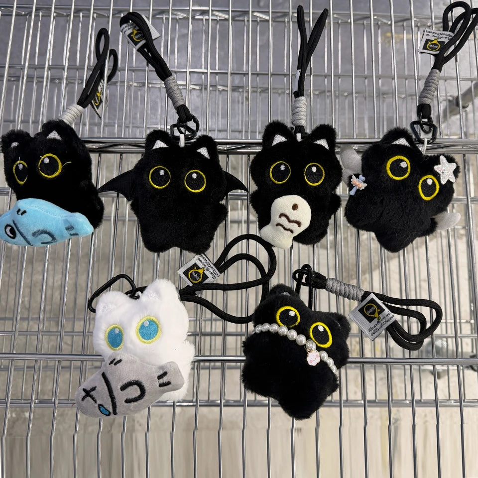Yupsk 6/1 Stück süße Plüsch schwarze Katze Puppe Spielzeug Schlüsselanhänger Tasche Anhänger Charms Kawaii Schlüsselanhänger Zubehör für Frauen Paare Geschenk
