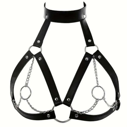 BDSM Alternative Trainingsausrüstung: Sexy schwarzes Lederhalsband, Nippelklemmen, Taillengürtel und Bralette