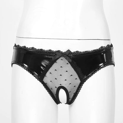 Damen-Dessous, offener Schritt, glänzende Lackleder-Tangas, Unterwäsche, transparente Spitze, Patchwork-Slip, Schleife, niedrige Taille, sexy