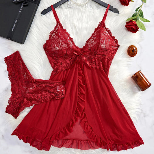 Lingerie rouge transparente – Mini nuisette sexy en nylon et élasthanne, transparente, sans manches