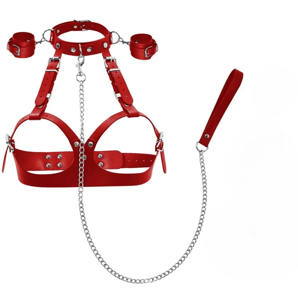 BDSM Verstellbare Handschellen, Beinfesseln, PU-Halsband, BH, Paar-Spielzeug, BDSM-Training, Bondage-Sexspielzeug, SM-Sklaven-Requisiten für Männer und Frauen