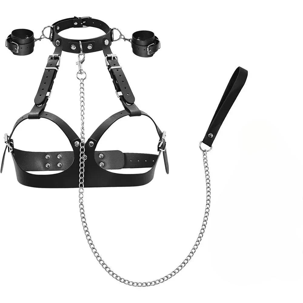 BDSM Verstellbare Handschellen, Beinfesseln, PU-Halsband, BH, Paar-Spielzeug, BDSM-Training, Bondage-Sexspielzeug, SM-Sklaven-Requisiten für Männer und Frauen