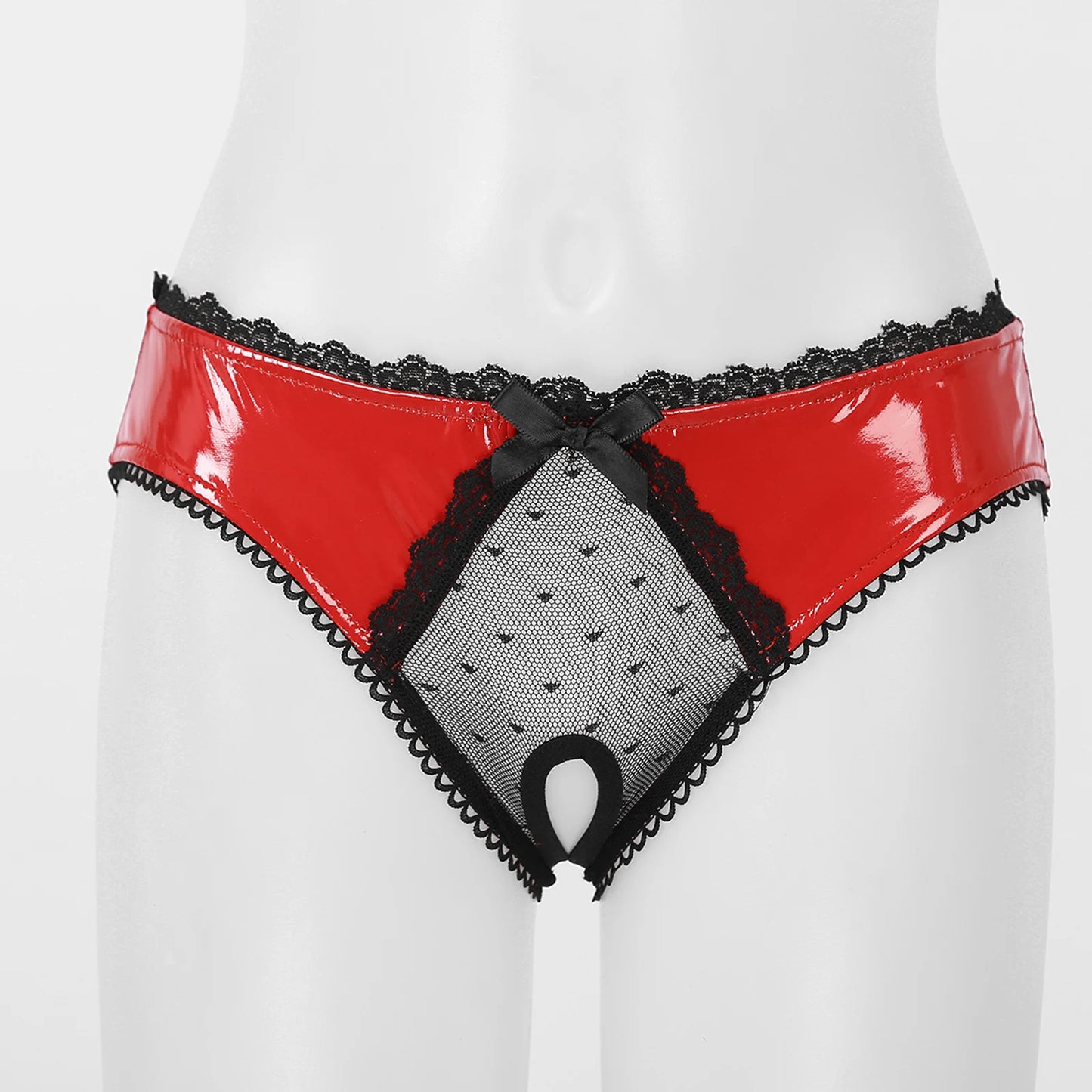 Damen-Dessous, offener Schritt, glänzende Lackleder-Tangas, Unterwäsche, transparente Spitze, Patchwork-Slip, Schleife, niedrige Taille, sexy