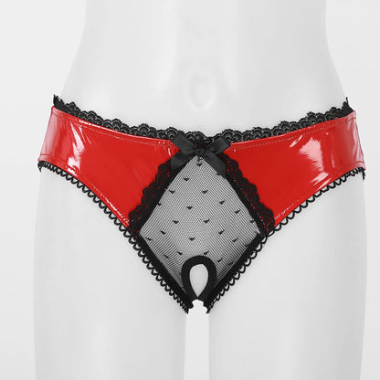 Damen-Dessous, offener Schritt, glänzende Lackleder-Tangas, Unterwäsche, transparente Spitze, Patchwork-Slip, Schleife, niedrige Taille, sexy