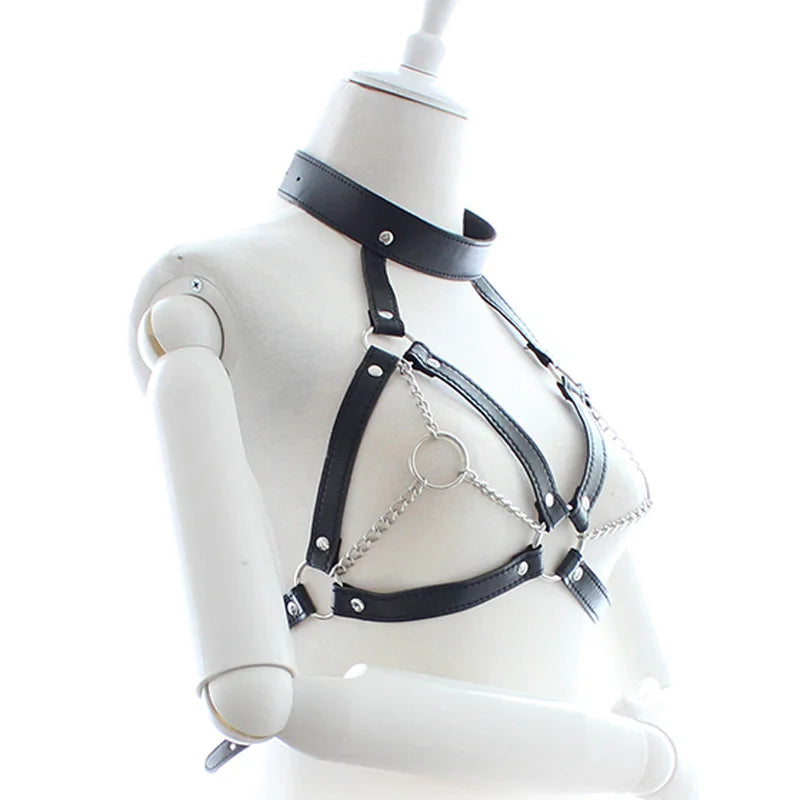BDSM Alternative Trainingsausrüstung: Sexy schwarzes Lederhalsband, Nippelklemmen, Taillengürtel und Bralette