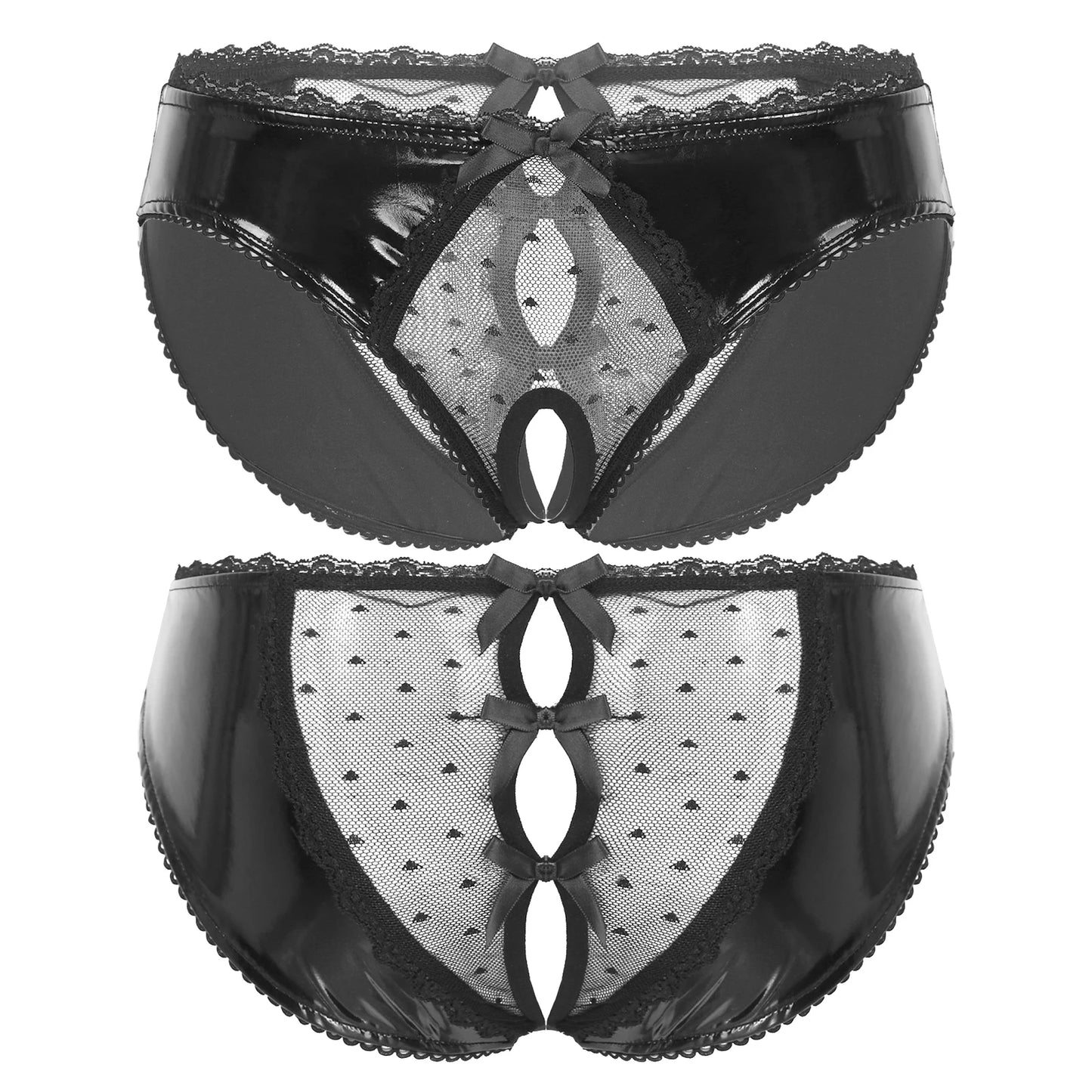 Damen-Dessous, offener Schritt, glänzende Lackleder-Tangas, Unterwäsche, transparente Spitze, Patchwork-Slip, Schleife, niedrige Taille, sexy