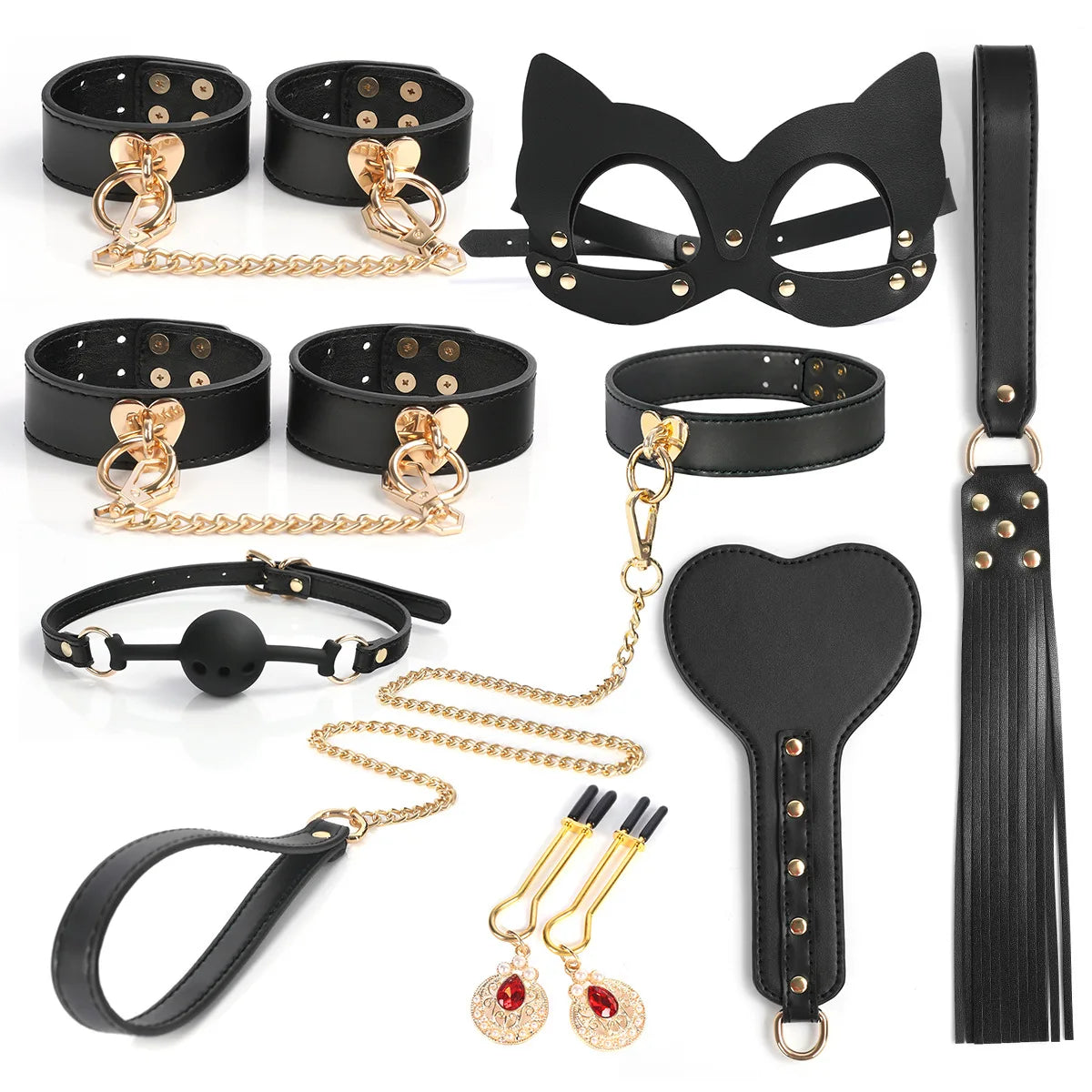 Sklaven-Rollenspiel-Set Leder-Handschellen Fußfesseln Ballknebel Maske Peitsche Halsband Leine Sexspielzeug für Frauen Paare BDSM Bondage-Kit