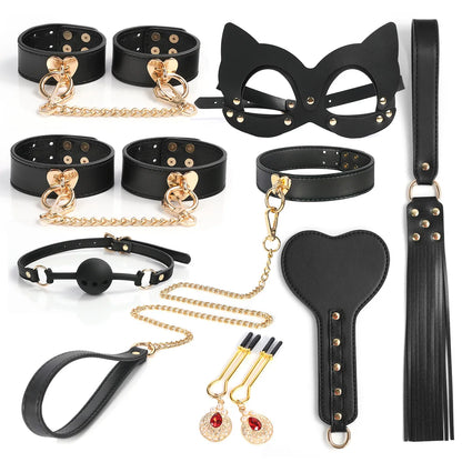 Sklaven-Rollenspiel-Set Leder-Handschellen Fußfesseln Ballknebel Maske Peitsche Halsband Leine Sexspielzeug für Frauen Paare BDSM Bondage-Kit