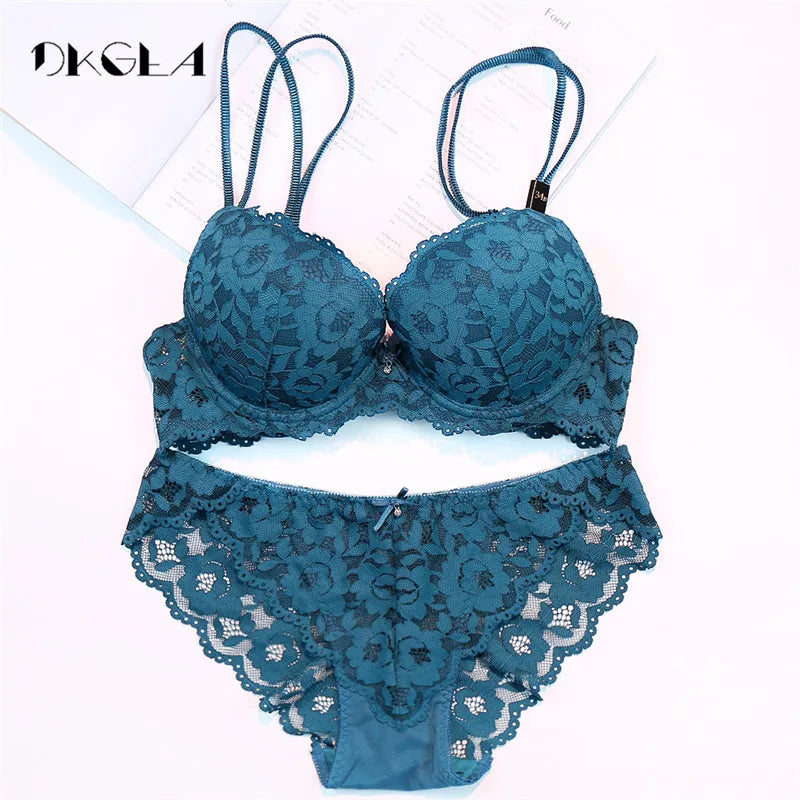 Hot Sexy Push-Up Bh Set Marke Tiefe V Büstenhalter Dicke Baumwolle Frauen Unterwäsche Set Spitze Blau Stickerei Blumen Dessous B C Tasse