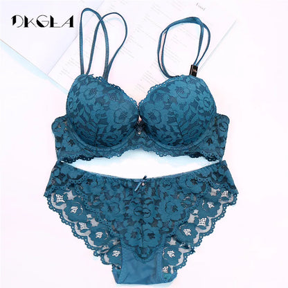 Hot Sexy Push-Up Bh Set Marke Tiefe V Büstenhalter Dicke Baumwolle Frauen Unterwäsche Set Spitze Blau Stickerei Blumen Dessous B C Tasse