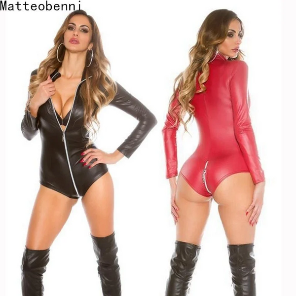 Sexy wetlook Lingerie Women Latex Catsuit Faux Leather Front Zipper Crotch Bodysuit Fetish Costumes